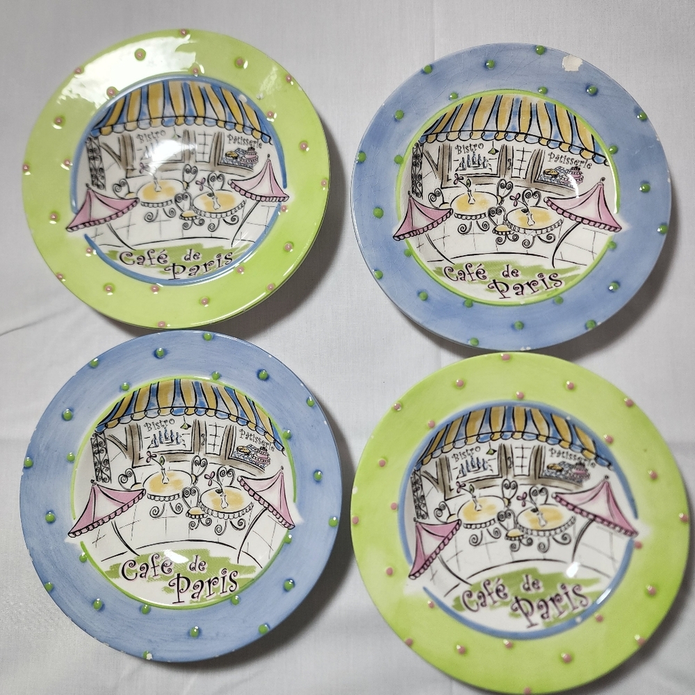 Café de Paris Decorative Dessert Plates - Blue & Lime Set of 4 Salad Plates